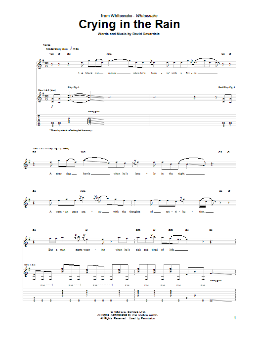 Download Whitesnake Crying In The Rain Sheet Music and learn how to play Guitar Tab PDF digital score in minutes