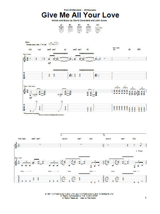 Download Whitesnake Give Me All Your Love Sheet Music and learn how to play Guitar Tab PDF digital score in minutes