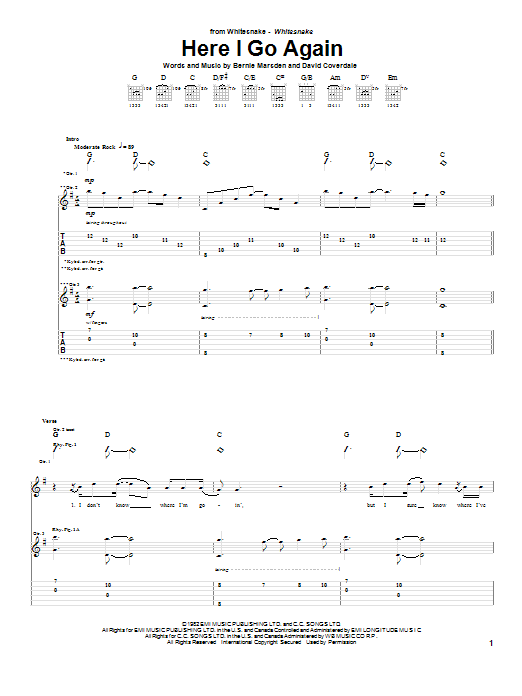Download Whitesnake Here I Go Again Sheet Music and learn how to play Easy Guitar PDF digital score in minutes