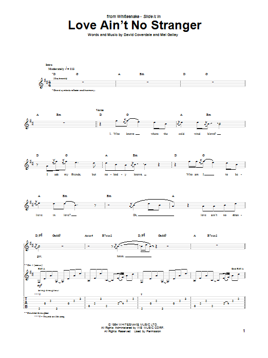 Download Whitesnake Love Ain't No Stranger Sheet Music and learn how to play Guitar Tab PDF digital score in minutes