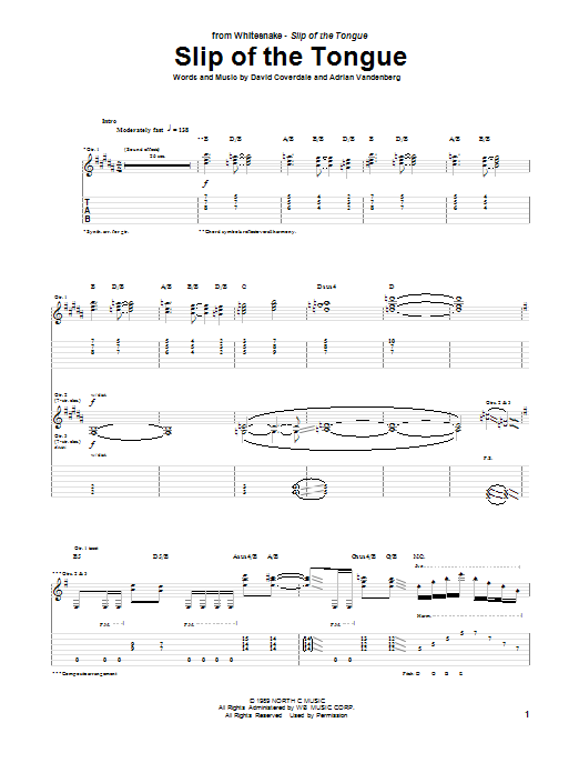 Download Whitesnake Slip Of The Tongue Sheet Music and learn how to play Guitar Tab PDF digital score in minutes