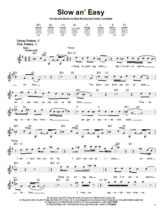 Download Whitesnake Slow An' Easy Sheet Music and learn how to play Guitar Tab PDF digital score in minutes