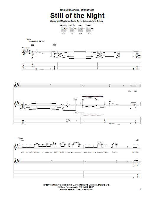 Download Whitesnake Still Of The Night Sheet Music and learn how to play Guitar Tab PDF digital score in minutes