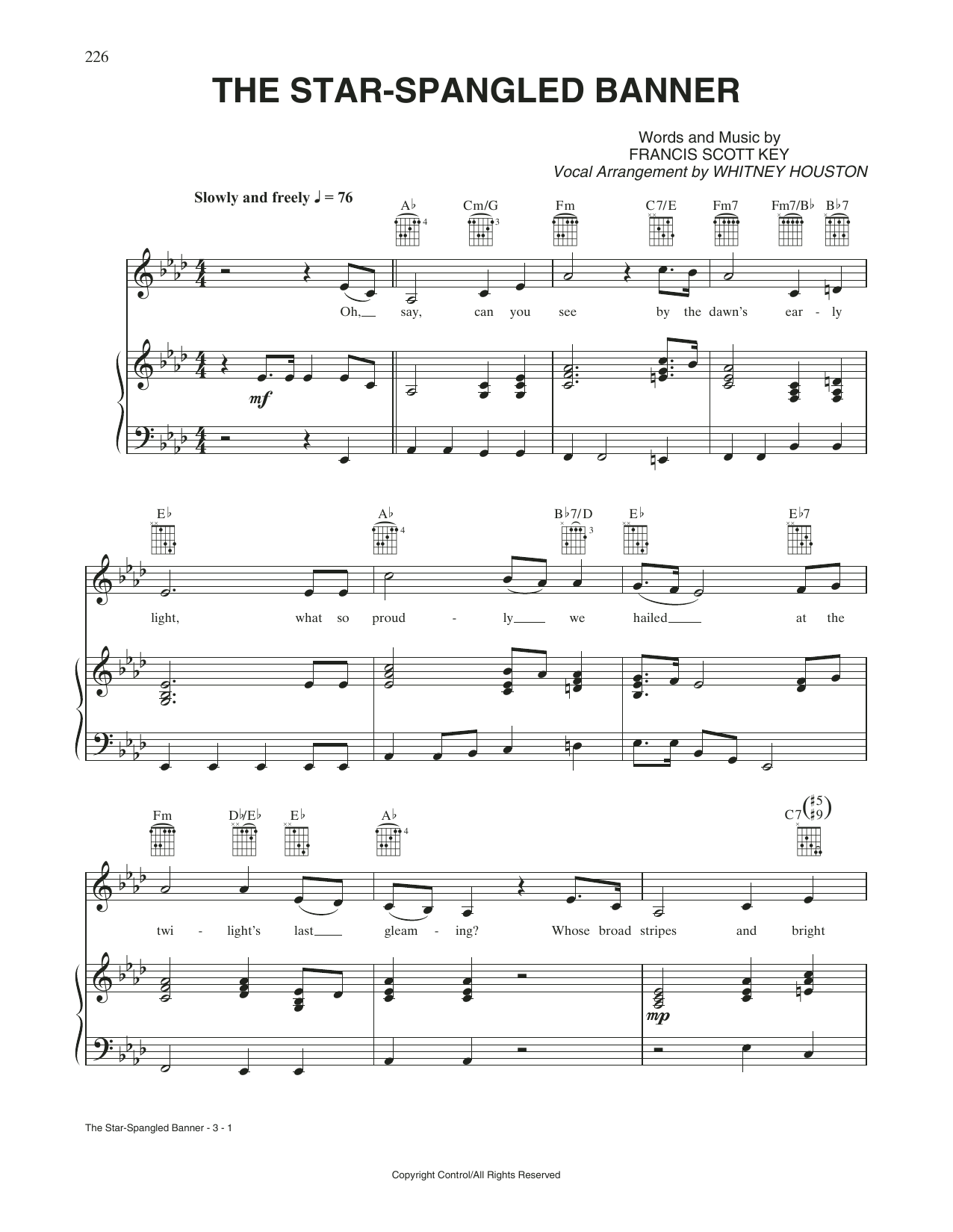 Download Whitney Houston The Star-Spangled Banner Sheet Music and learn how to play Piano, Vocal & Guitar Chords (Right-Hand Melody) PDF digital score in minutes