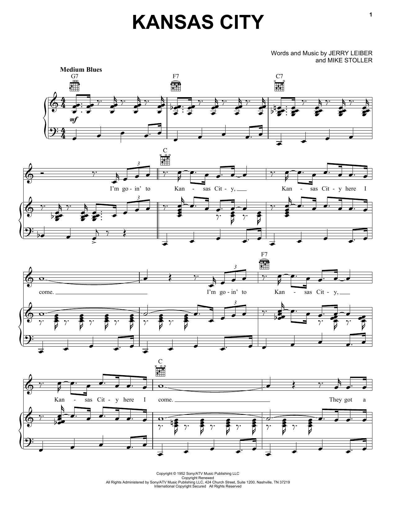 Download Wilbert Harrison Kansas City Sheet Music and learn how to play Piano, Vocal & Guitar (Right-Hand Melody) PDF digital score in minutes