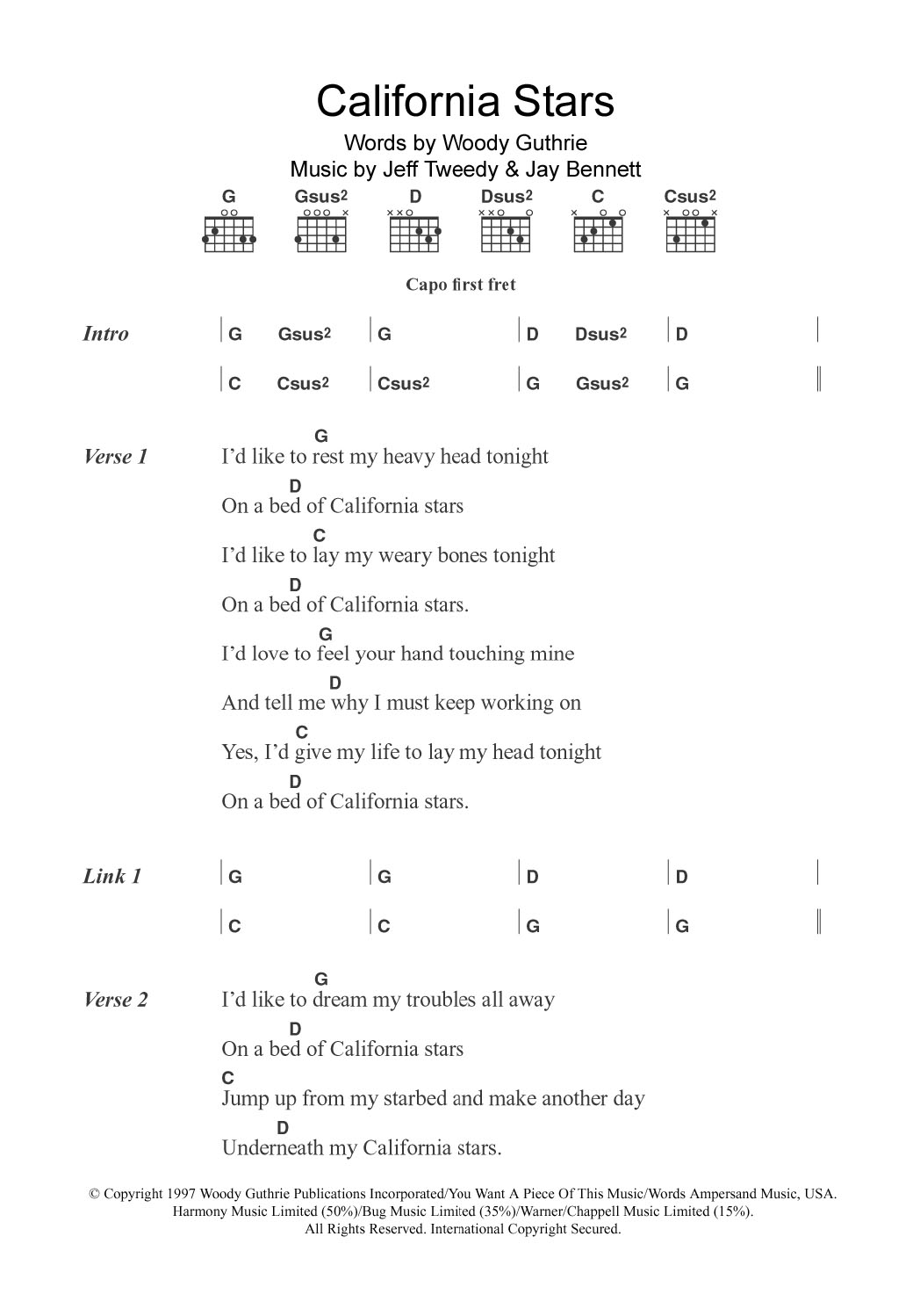 Download Wilco & Billy Bragg California Stars Sheet Music and learn how to play Lyrics & Chords PDF digital score in minutes