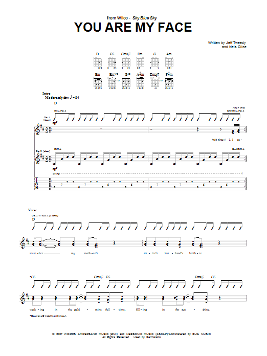 Download Wilco You Are My Face Sheet Music and learn how to play Guitar Tab PDF digital score in minutes