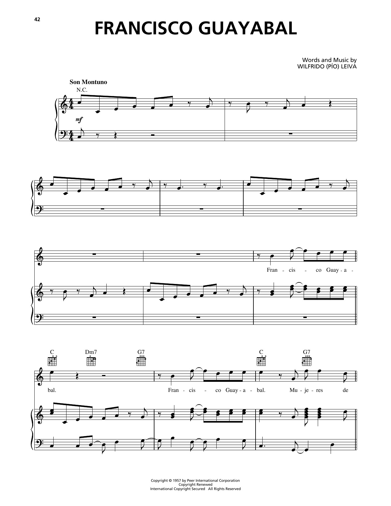 Download Wilfrido (Pio) Leiva Francisco Guayabal Sheet Music and learn how to play Piano, Vocal & Guitar Chords (Right-Hand Melody) PDF digital score in minutes