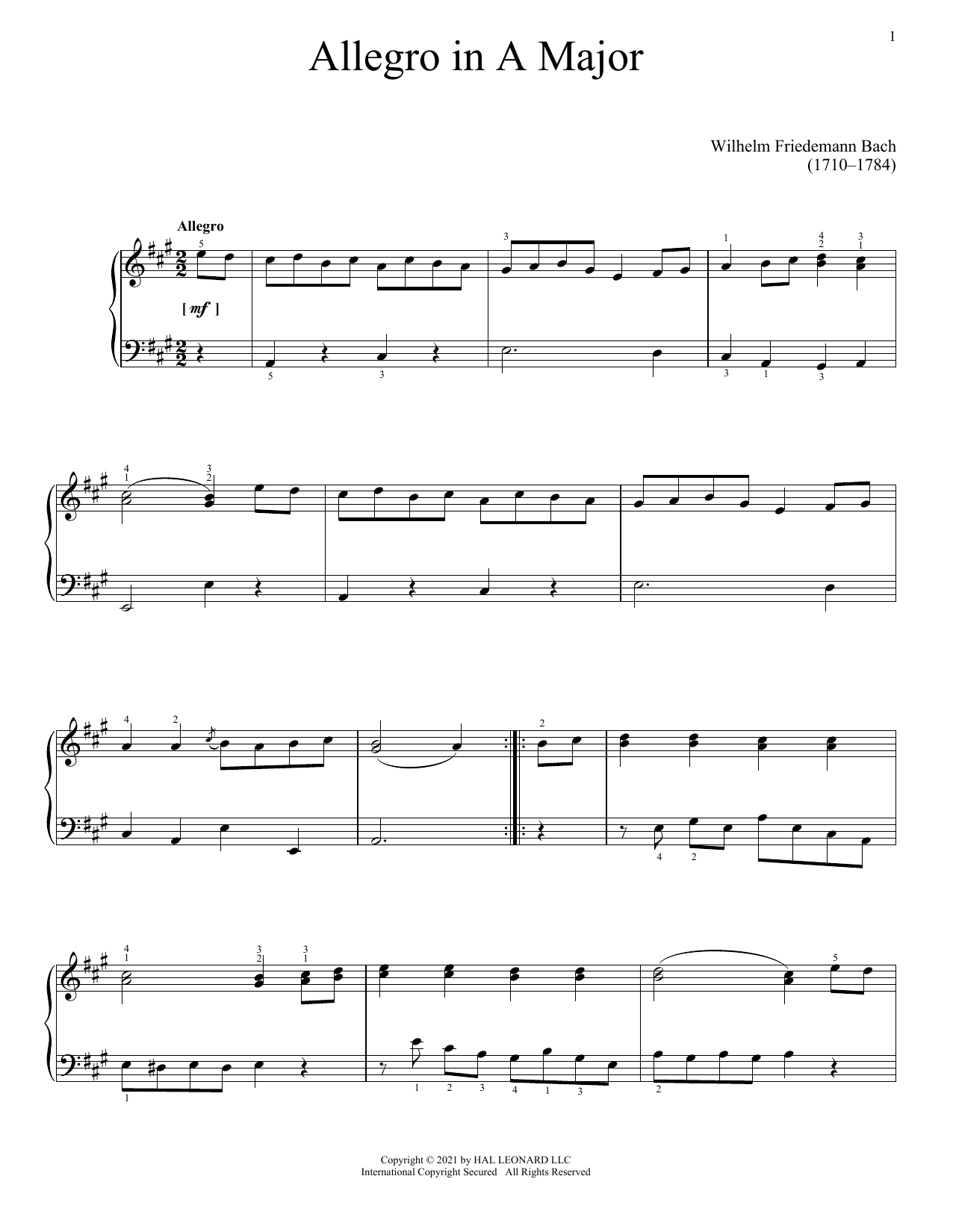 Download Wilhelm Friedemann Bach Allegro In A Major Sheet Music and learn how to play Piano Solo PDF digital score in minutes