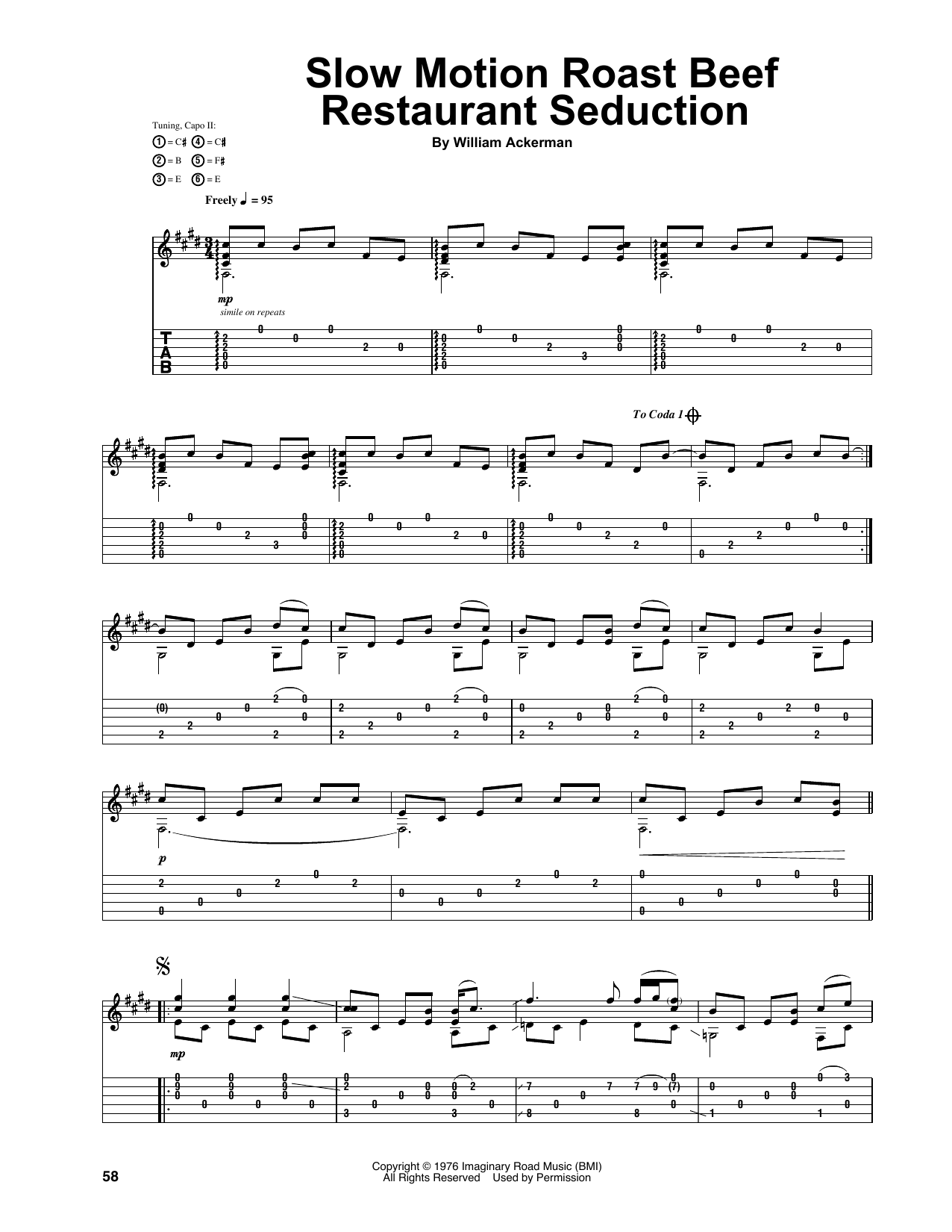 Download Will Ackerman Slow Motion Roast Beef Restaurant Seduction Sheet Music and learn how to play Guitar Tab PDF digital score in minutes