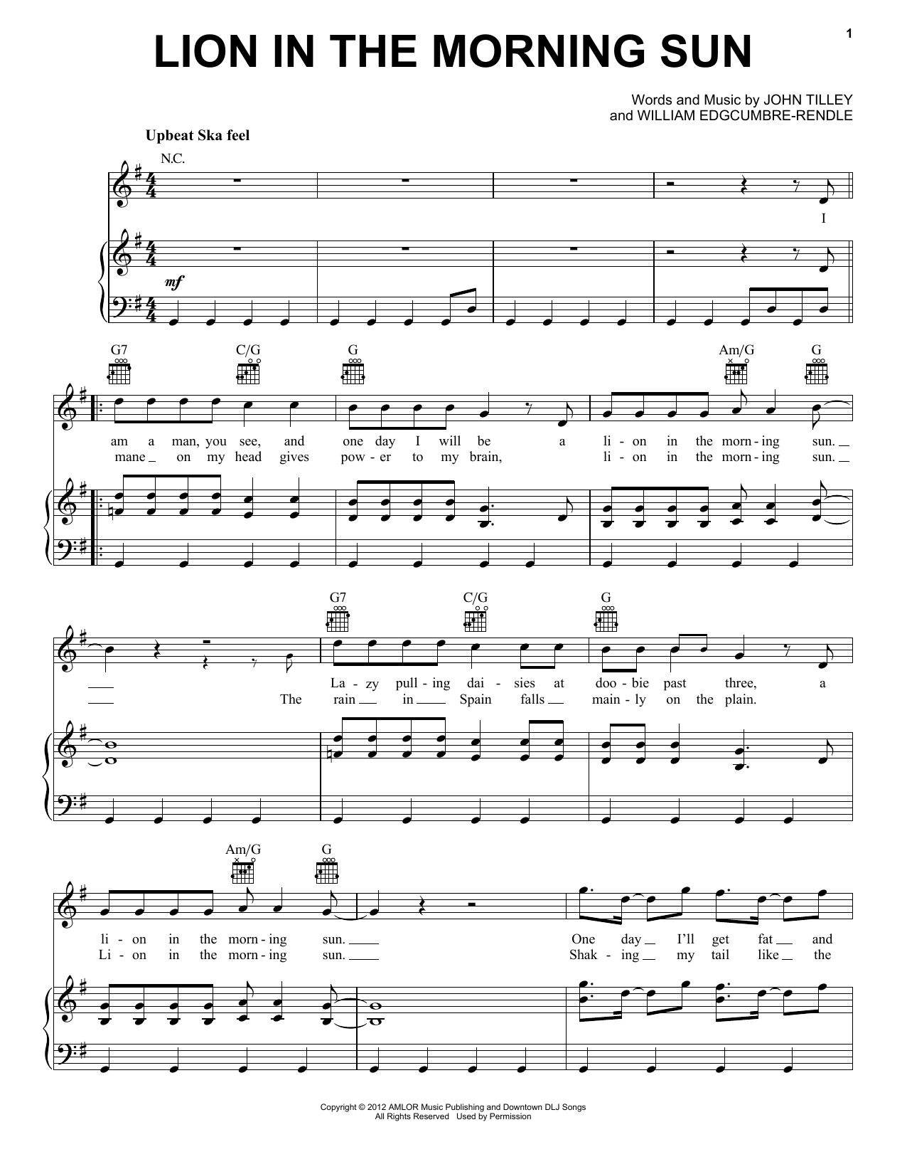 Download Will and the People Lion In The Morning Sun Sheet Music and learn how to play Piano, Vocal & Guitar (Right-Hand Melody) PDF digital score in minutes