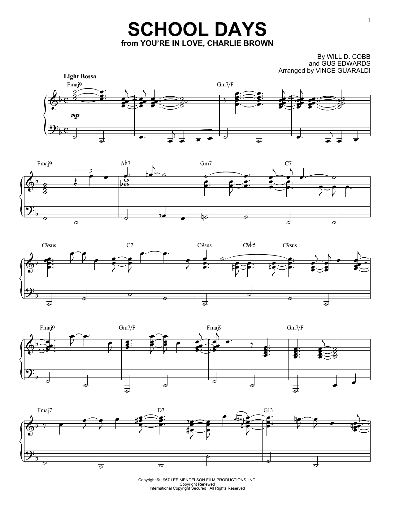 Download Will D. Cobb & Gus Edwards School Days (arr. Vince Guaraldi) Sheet Music and learn how to play Piano Solo PDF digital score in minutes