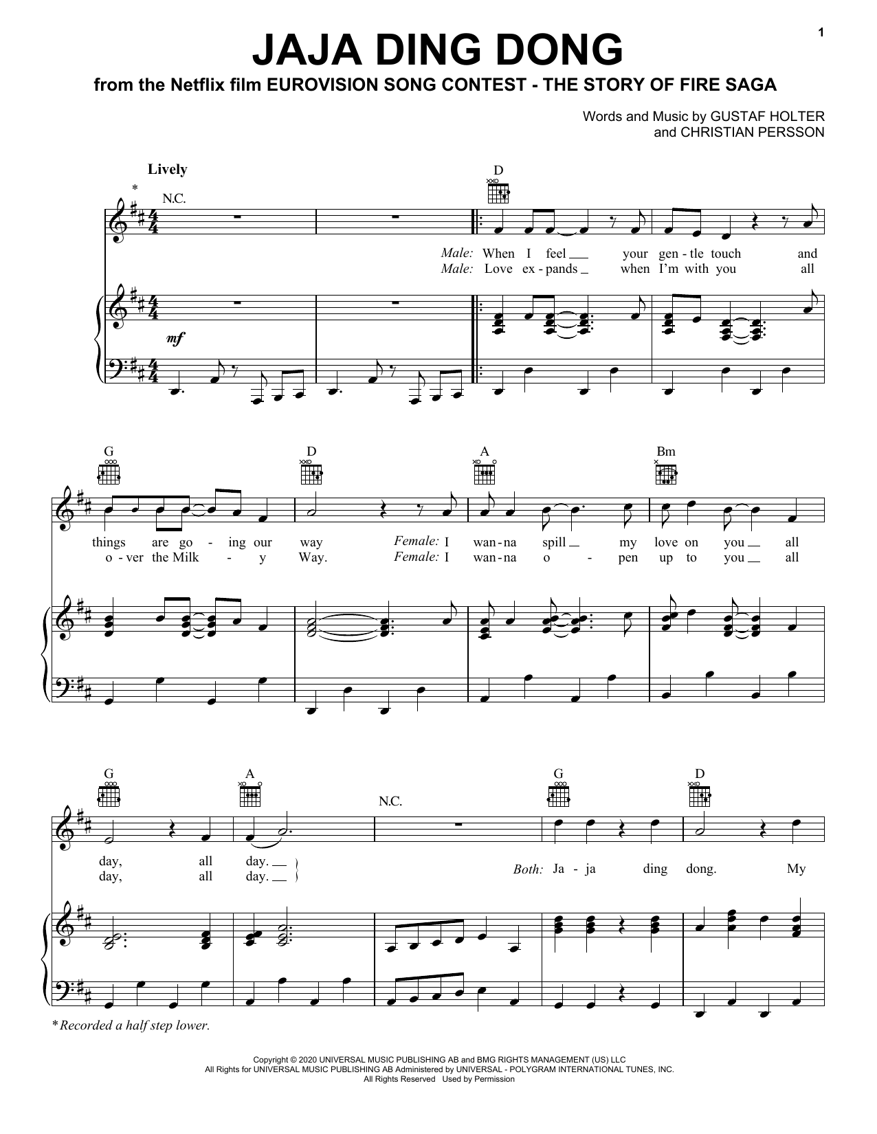 Download Will Ferrell & My Marianne Jaja Ding Dong (from Eurovision Song Contest: The Story of Fire Saga) Sheet Music and learn how to play Piano, Vocal & Guitar Chords (Right-Hand Melody) PDF digital score in minutes