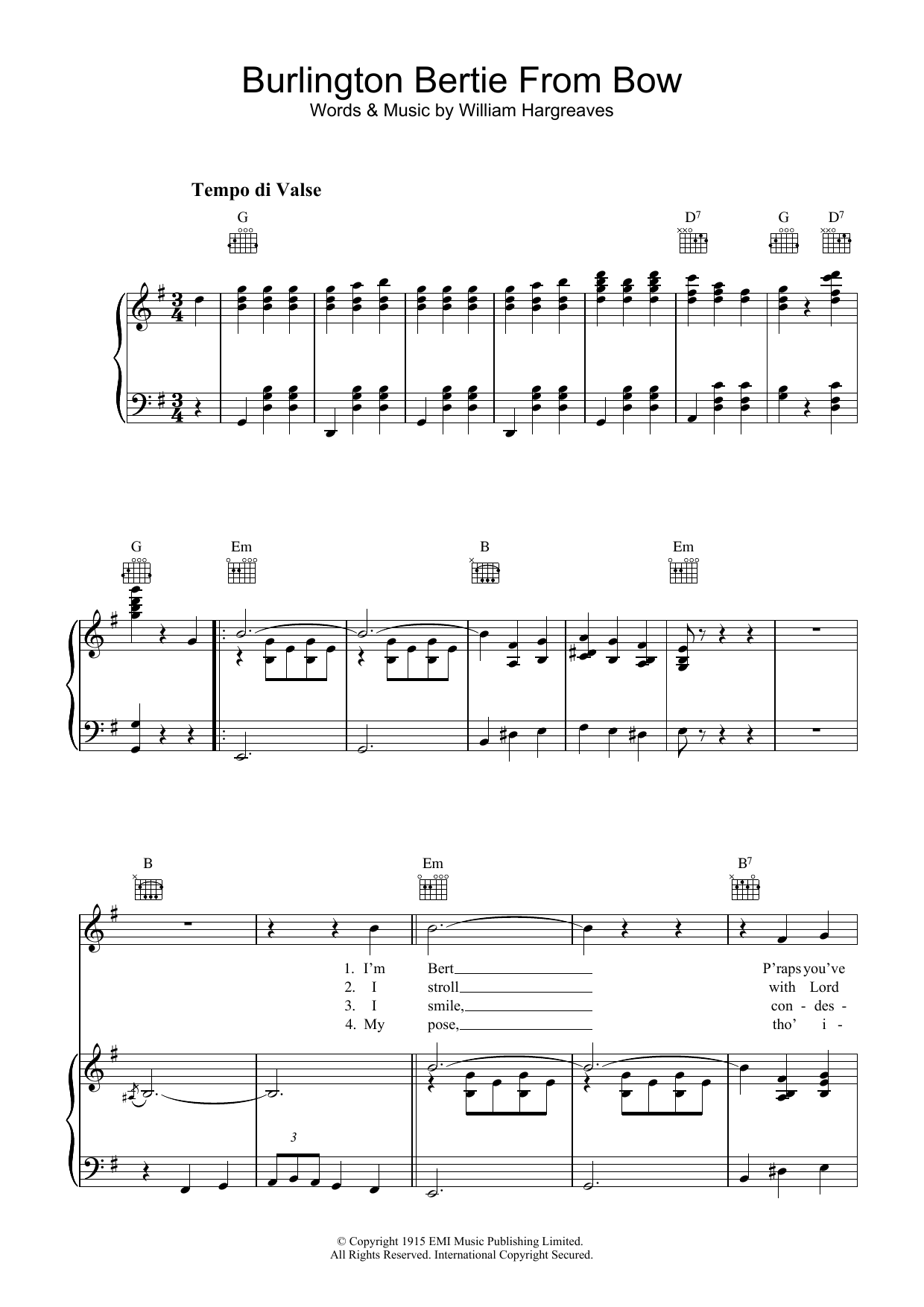 Download Will Hargreaves Burlington Bertie From Bow Sheet Music and learn how to play Piano, Vocal & Guitar (Right-Hand Melody) PDF digital score in minutes