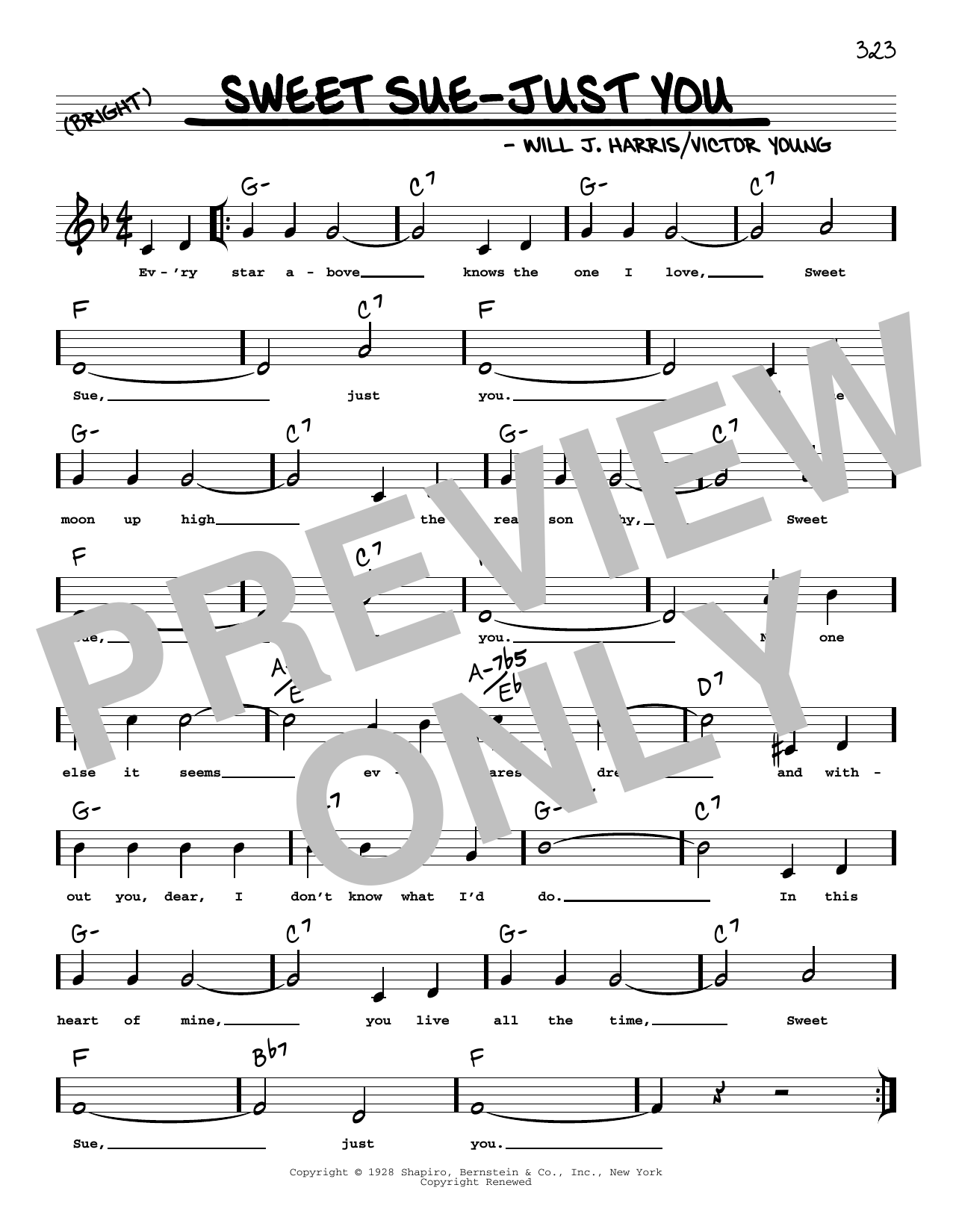 Download Will J. Harris Sweet Sue-Just You (arr. Robert Rawlins) Sheet Music and learn how to play Real Book – Melody, Lyrics & Chords PDF digital score in minutes