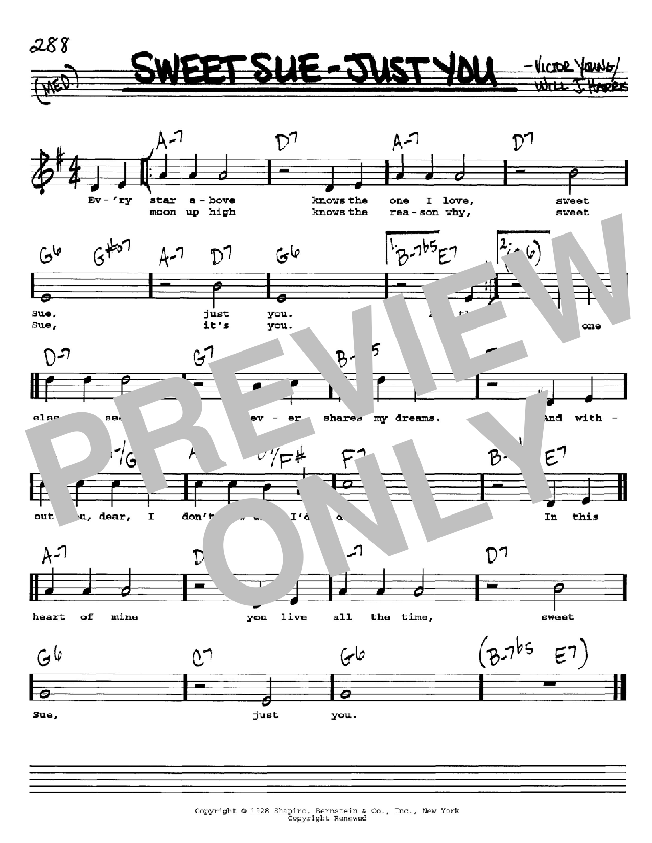 Download Will J. Harris Sweet Sue-Just You Sheet Music and learn how to play Real Book - Melody & Chords - C Instruments PDF digital score in minutes