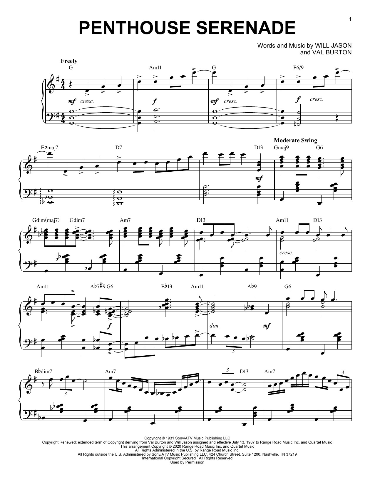 Download Will Jason Penthouse Serenade [Jazz version] (arr. Brent Edstrom) Sheet Music and learn how to play Piano Solo PDF digital score in minutes