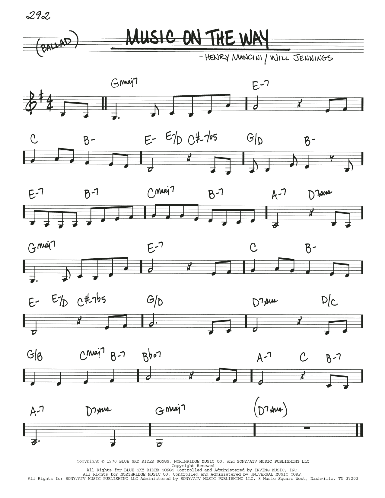 Download Will Jennings and Henry Mancini Music On The Way Sheet Music and learn how to play Real Book – Melody & Chords PDF digital score in minutes