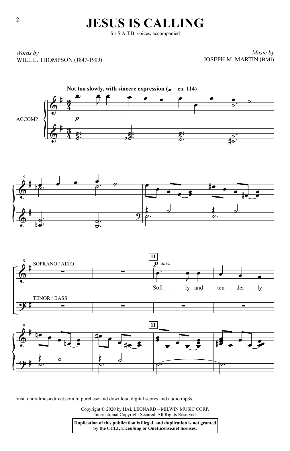 Download Will L. Thompson and Joseph M. Martin Jesus Is Calling Sheet Music and learn how to play SATB Choir PDF digital score in minutes
