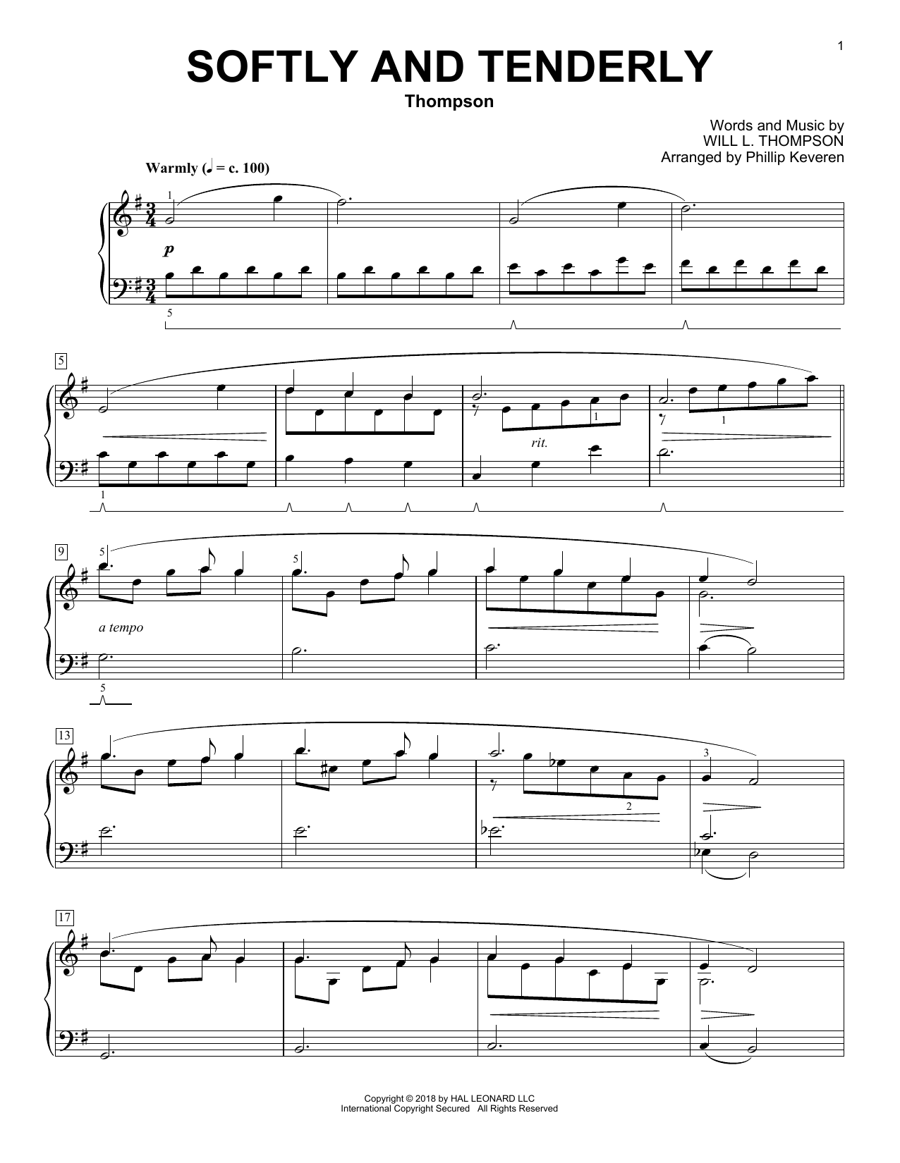 Download Will L. Thompson Softly And Tenderly [Classical version] (arr. Phillip Keveren) Sheet Music and learn how to play Piano Solo PDF digital score in minutes