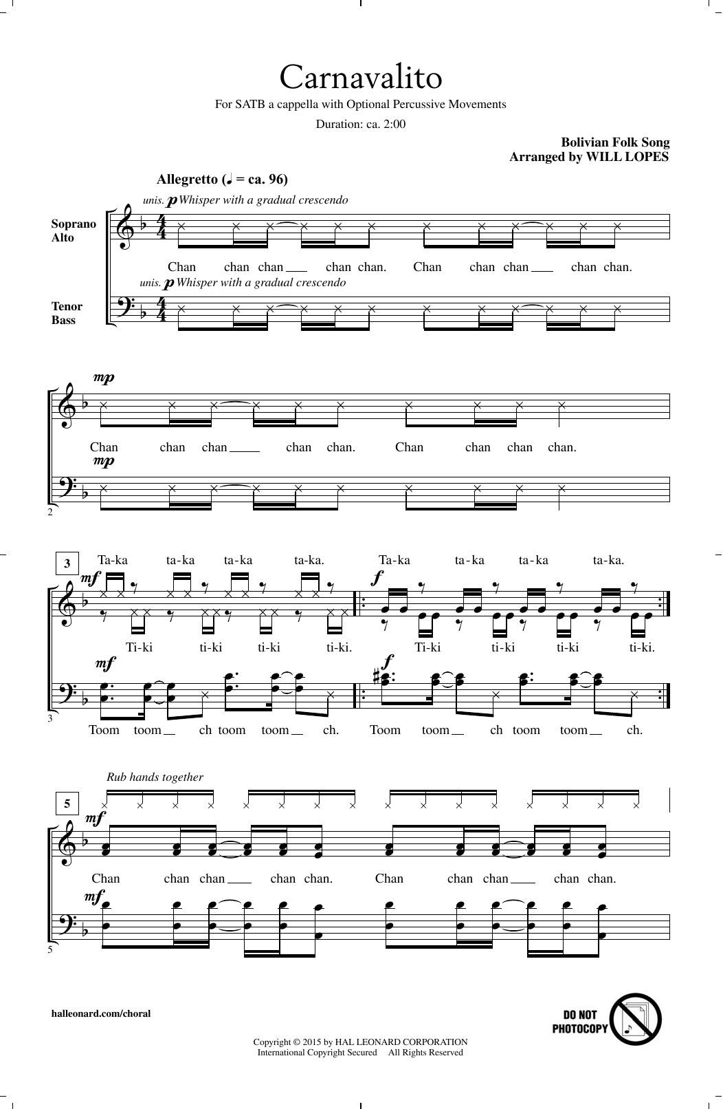 Download Bolivian Folksong Carnavalito (arr. Will Lopes) Sheet Music and learn how to play SATB PDF digital score in minutes