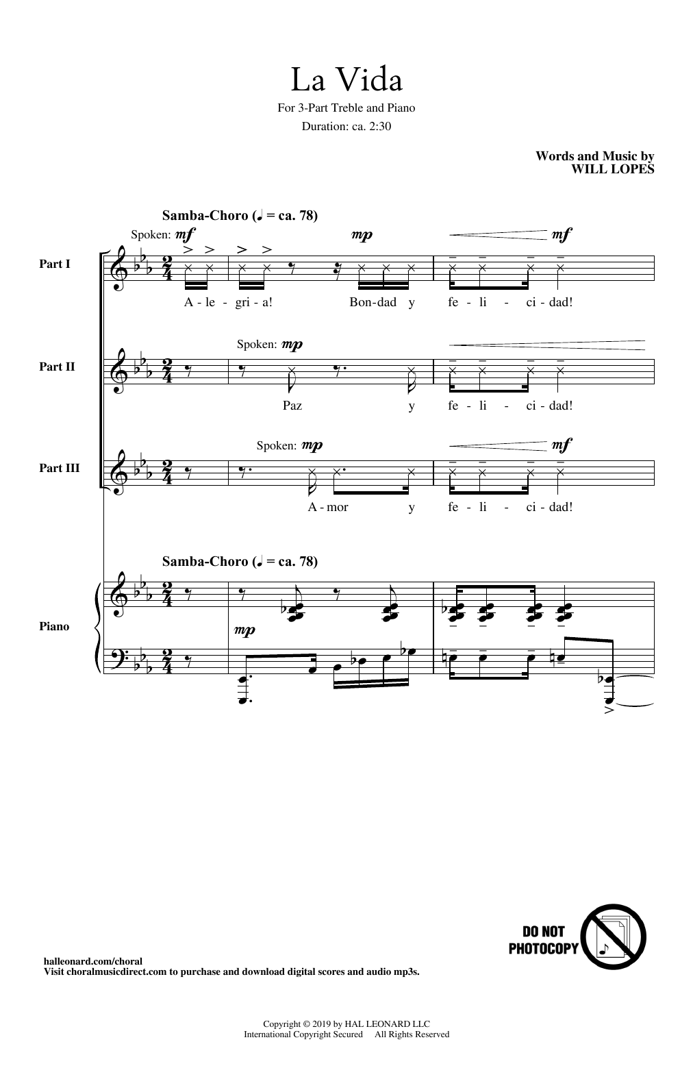 Download Will Lopes La Vida Sheet Music and learn how to play 3-Part Treble Choir PDF digital score in minutes