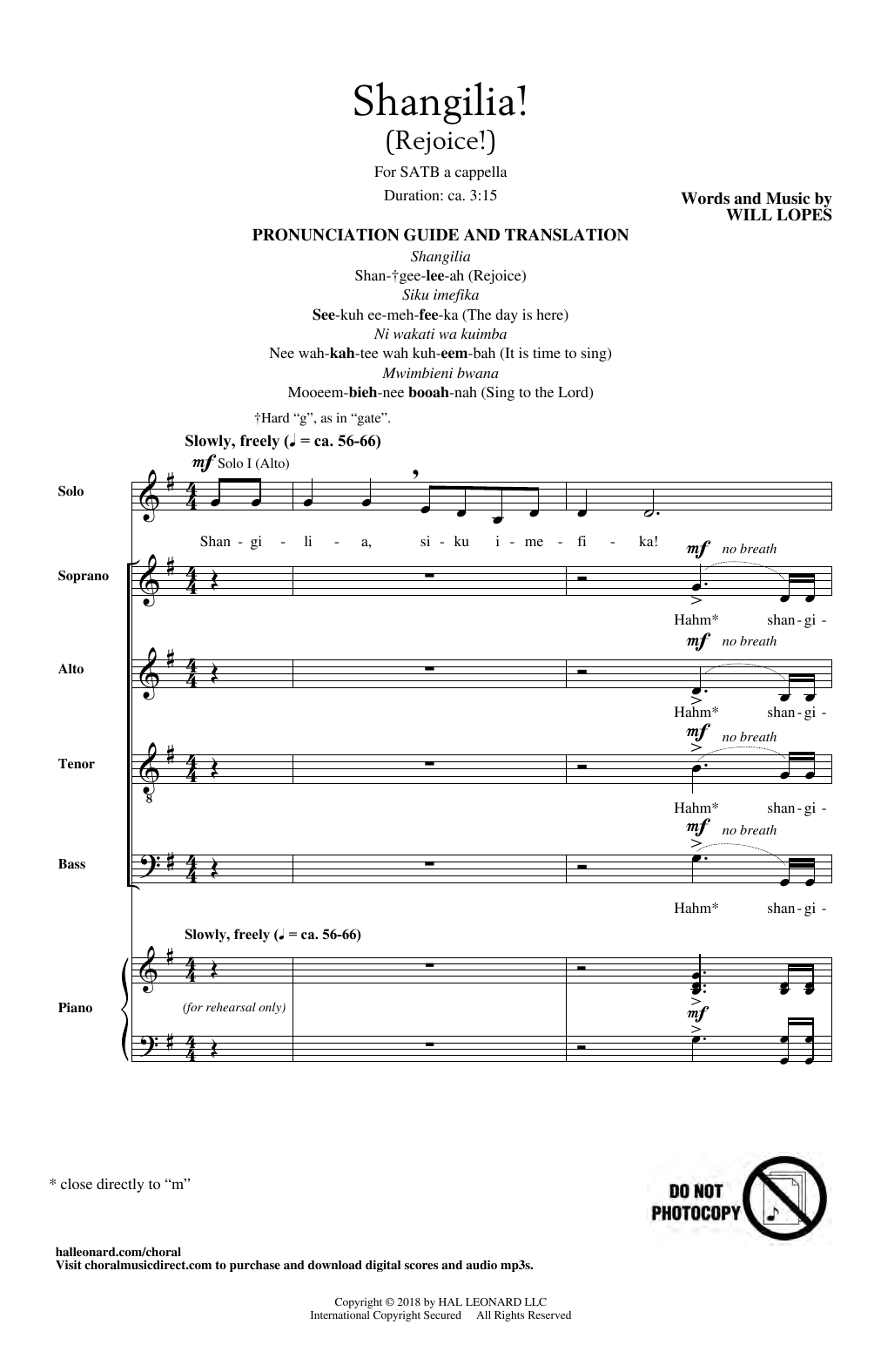Download Will Lopes Shangilia! Sheet Music and learn how to play SATB Choir PDF digital score in minutes