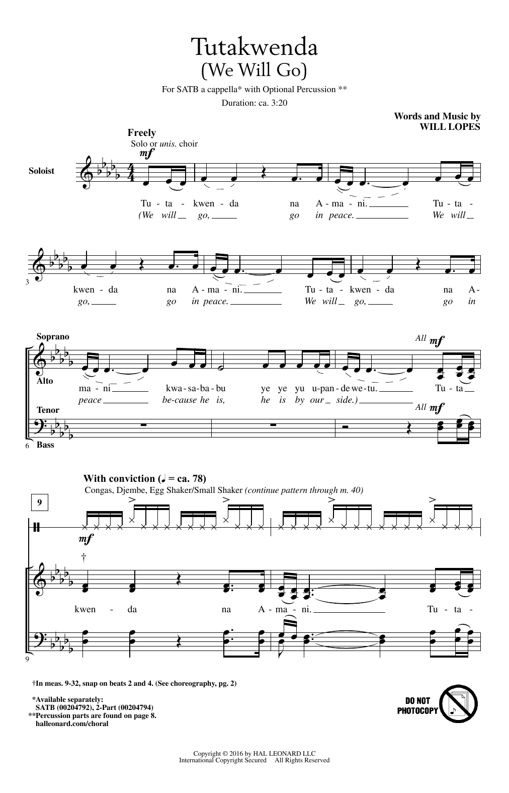 Download Will Lopes Tutakwenda (We Will Go) Sheet Music and learn how to play SATB PDF digital score in minutes