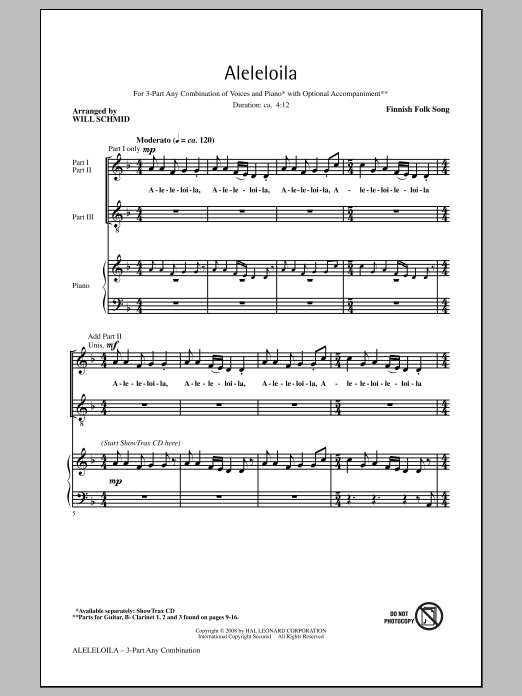 Download Traditional Folksong Aleleloila (arr. Will Schmid) Sheet Music and learn how to play 3-Part Mixed PDF digital score in minutes