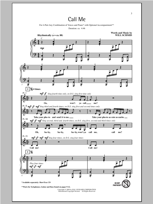 Download Will Schmid Call Me Sheet Music and learn how to play 4-Part PDF digital score in minutes