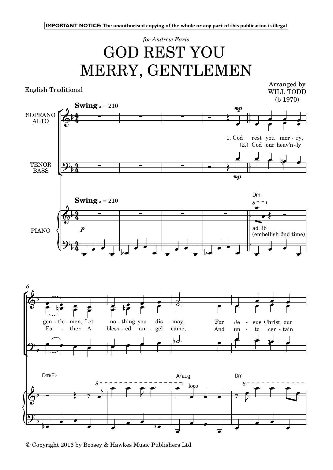Download Will Todd Two Extra Jazz Carols (God Rest You Merry, Gentlemen; O Come, All Ye Faithful) Sheet Music and learn how to play SATB Choir PDF digital score in minutes