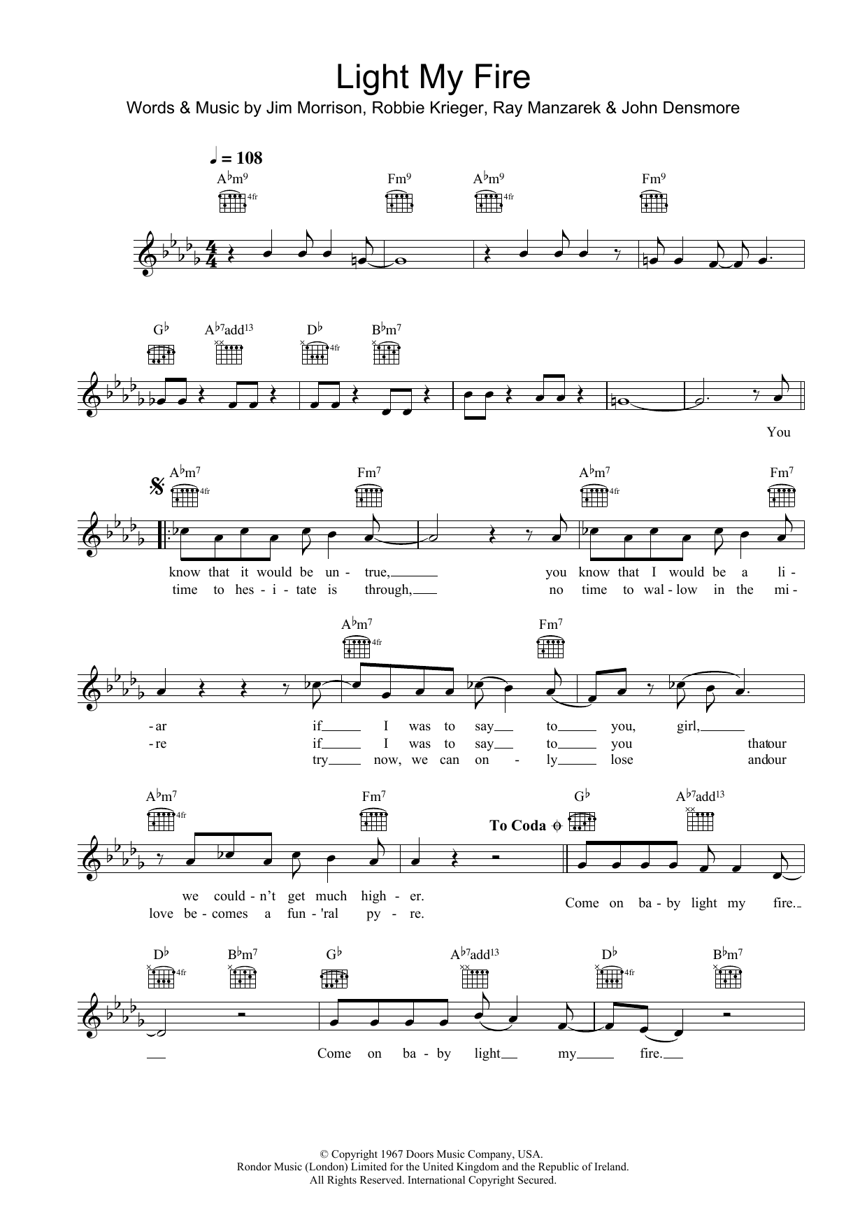Download Will Young Light My Fire Sheet Music and learn how to play Melody Line, Lyrics & Chords PDF digital score in minutes