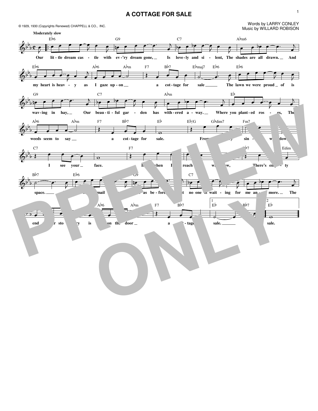 Download Willard Robison A Cottage For Sale Sheet Music and learn how to play Melody Line, Lyrics & Chords PDF digital score in minutes