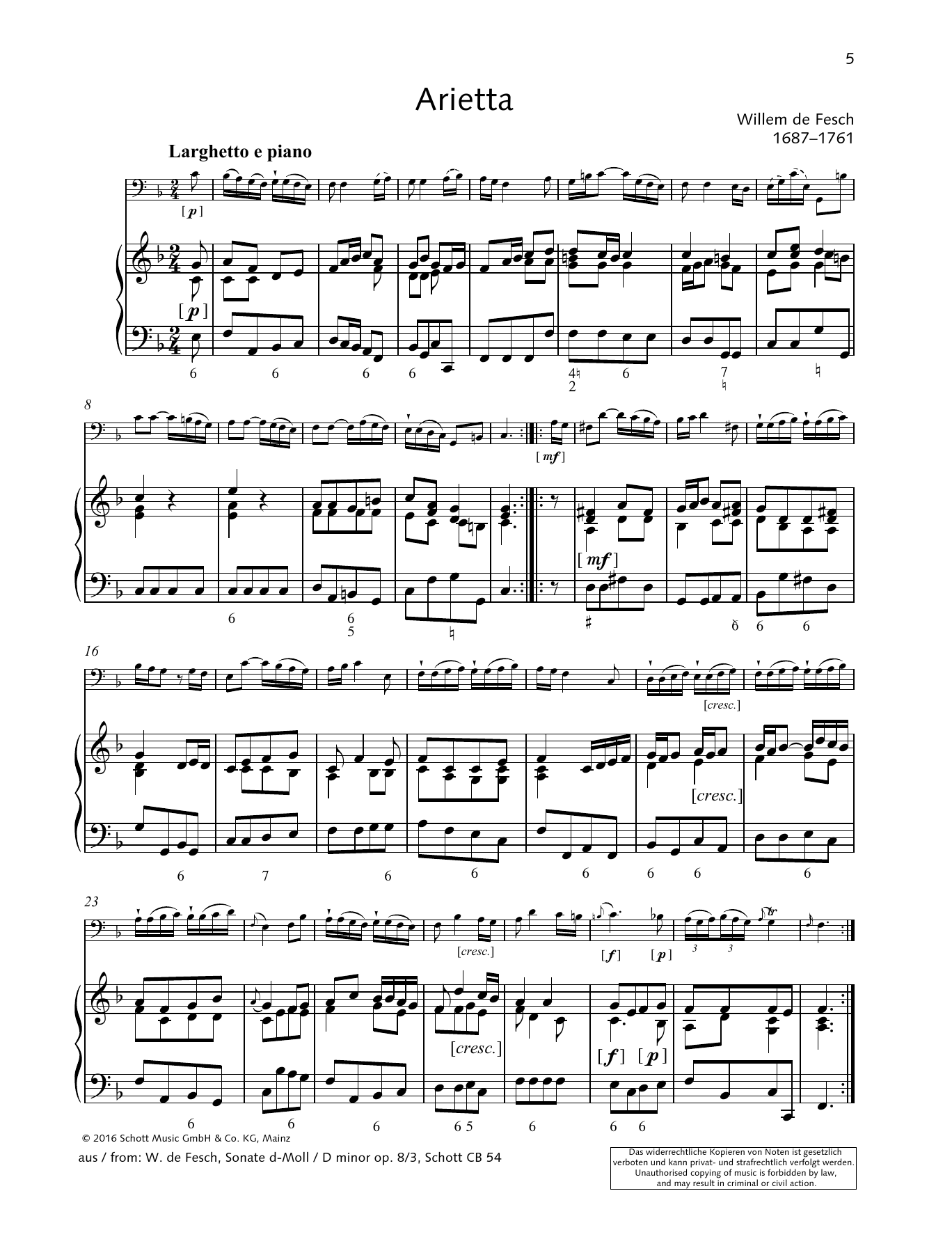 Download Willem de Fesch Arietta Sheet Music and learn how to play String Solo PDF digital score in minutes