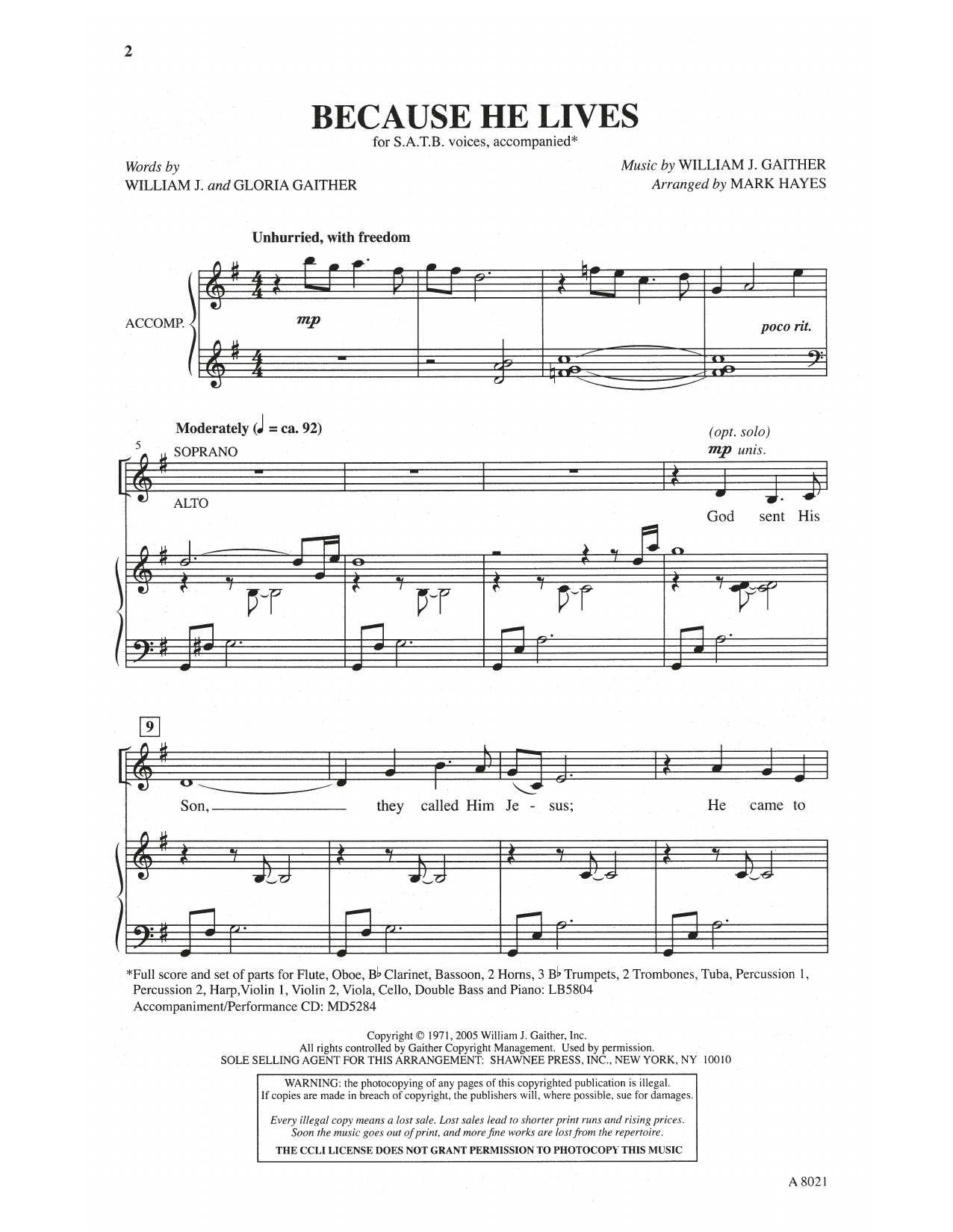 Download William & Gloria Gaither Because He Lives (arr. Mark Hayes) Sheet Music and learn how to play SATB Choir PDF digital score in minutes