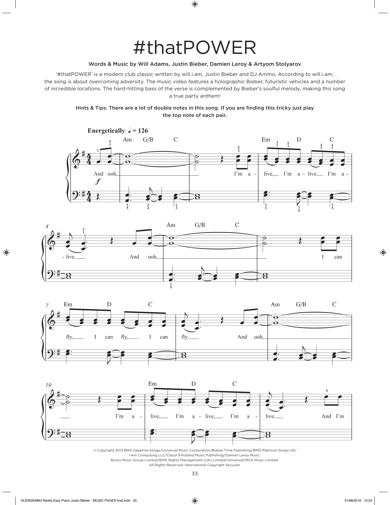 Download will.i.am & Justin Bieber #thatPOWER Sheet Music and learn how to play Really Easy Piano PDF digital score in minutes