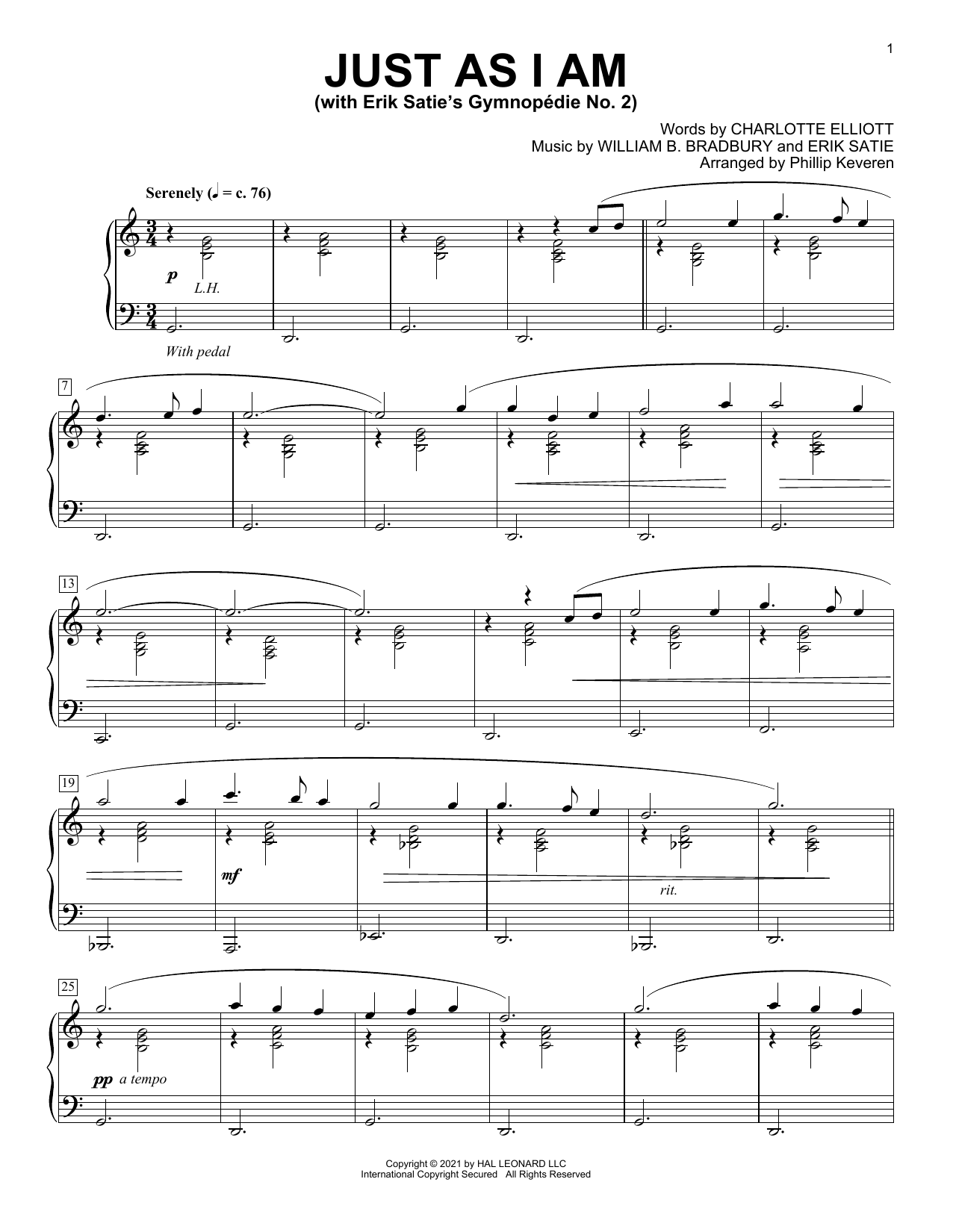 Download William B. Bradbury and Erik Satie Just As I Am (With Erik Satie's Gymnopedie No. 2) (arr. Phillip Keveren) Sheet Music and learn how to play Piano Solo PDF digital score in minutes