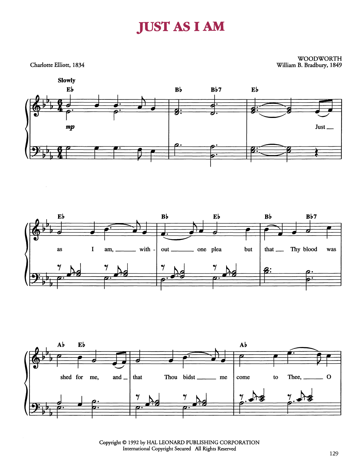 Download William B. Bradbury Just As I Am Sheet Music and learn how to play Easy Piano PDF digital score in minutes