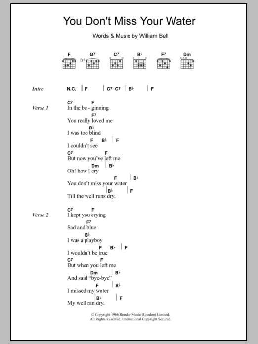 Download William Bell You Don't Miss Your Water Sheet Music and learn how to play Lyrics & Chords PDF digital score in minutes