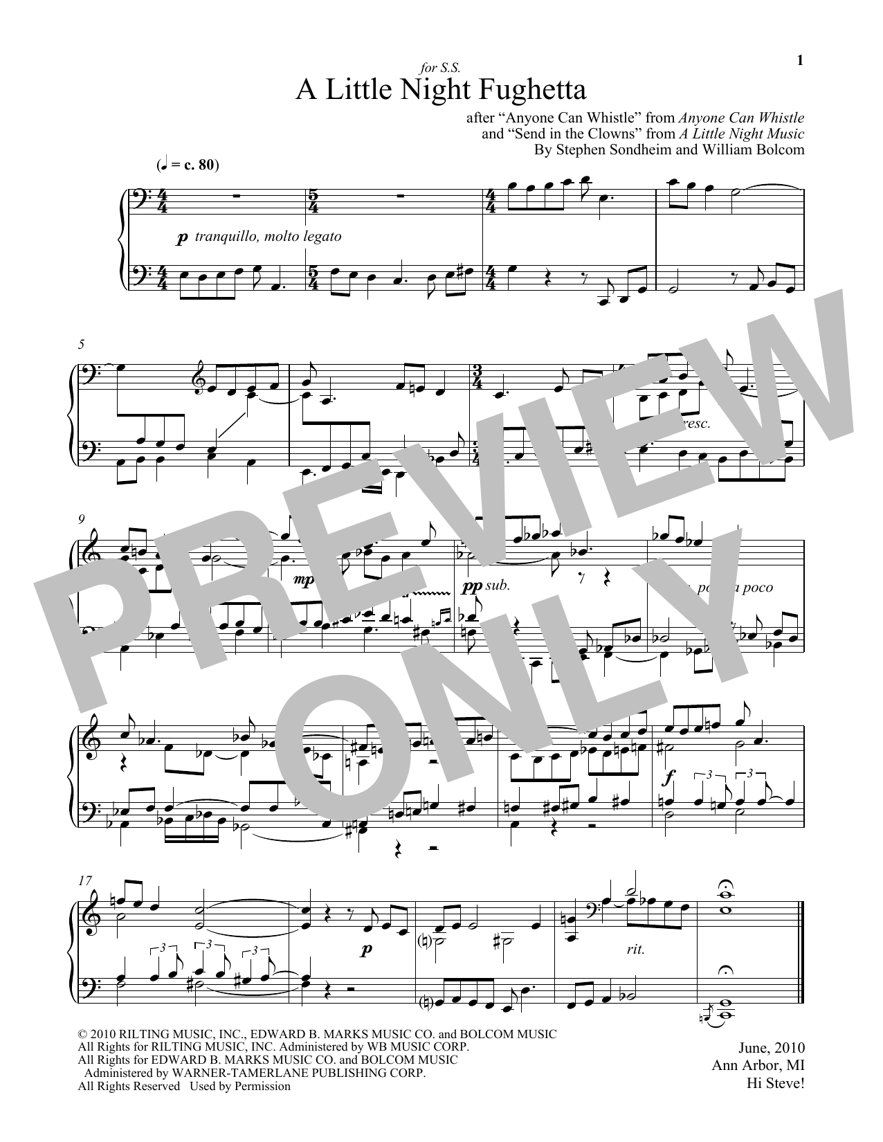 Download William Bolcom A Little Night Fughetta Sheet Music and learn how to play Piano PDF digital score in minutes