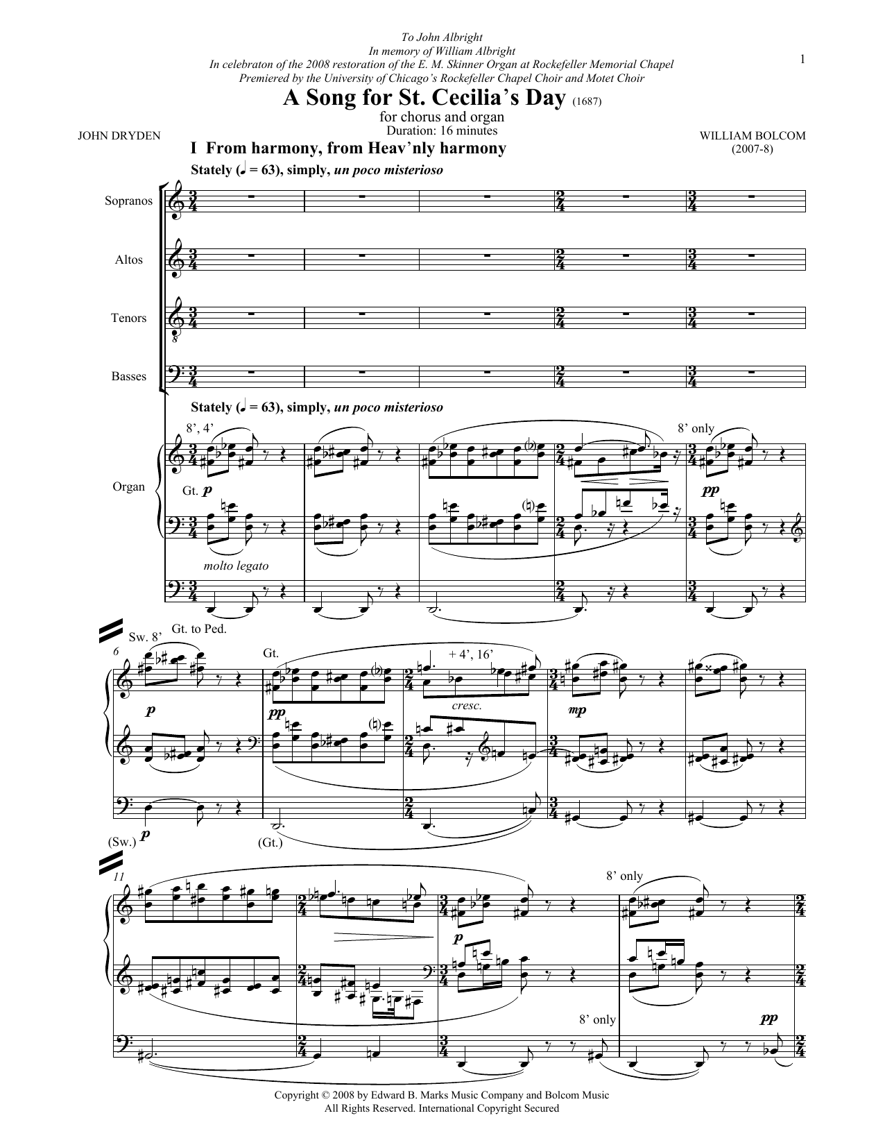 Download William Bolcom A Song For St. Cecilia's Day Sheet Music and learn how to play SATB PDF digital score in minutes