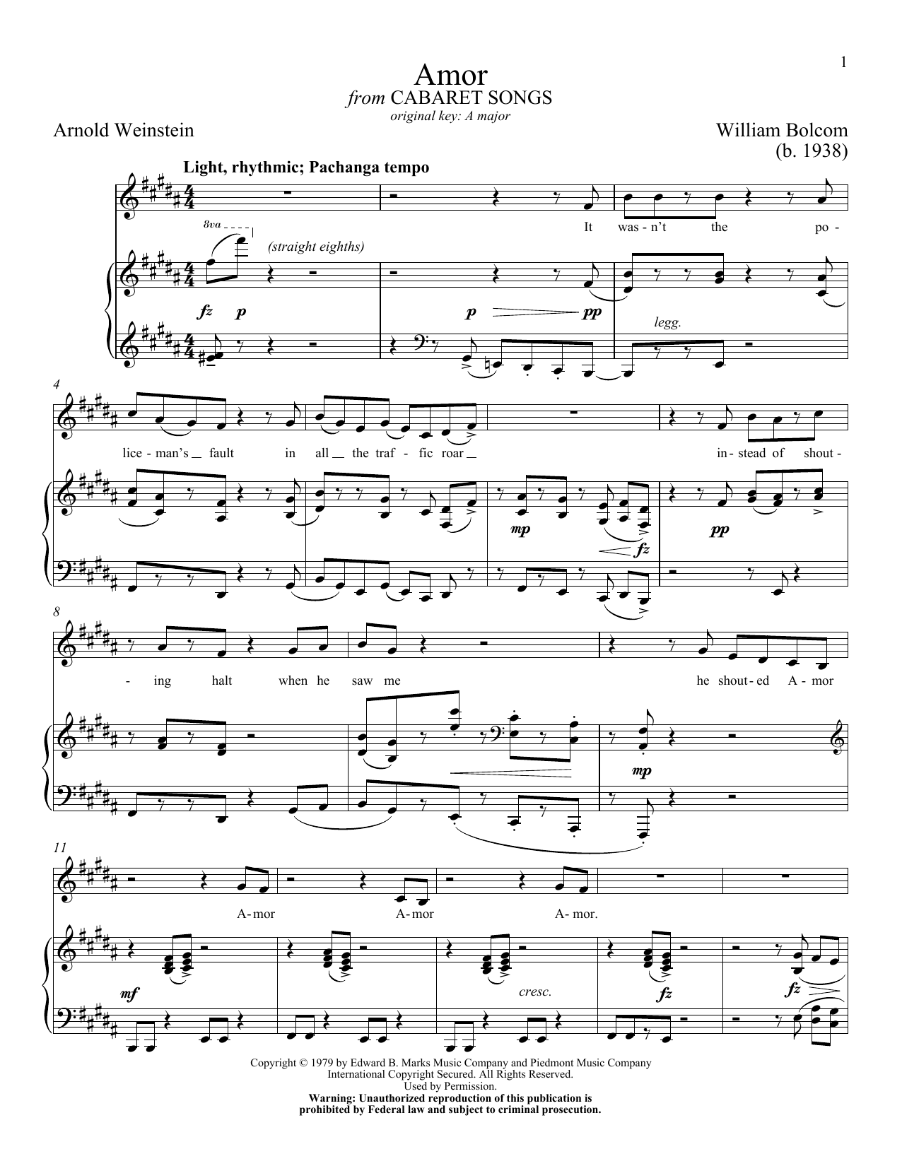 Download William Bolcom Amor Sheet Music and learn how to play Piano & Vocal PDF digital score in minutes