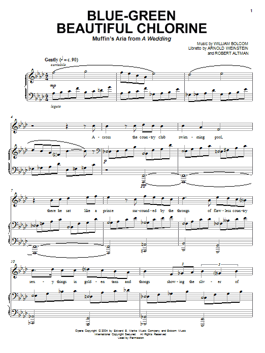 Download William Bolcom Blue-Green Beautiful Chlorine Sheet Music and learn how to play Piano & Vocal PDF digital score in minutes