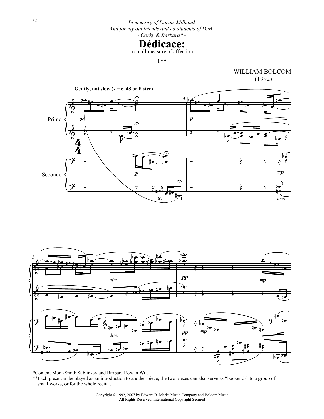 Download William Bolcom Dedicace Sheet Music and learn how to play Piano Duet PDF digital score in minutes