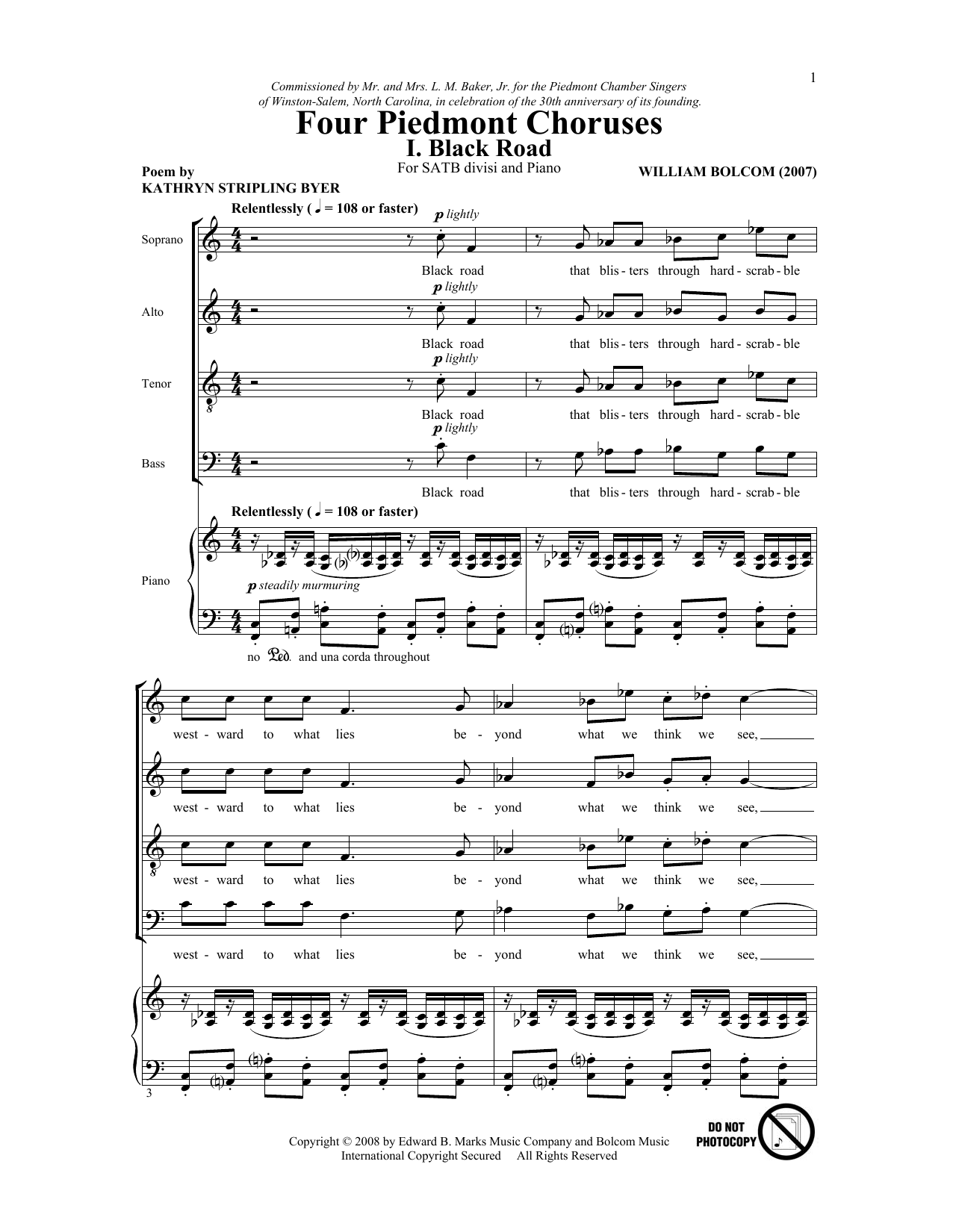 Download William Bolcom Four Piedmont Choruses Sheet Music and learn how to play SATB PDF digital score in minutes