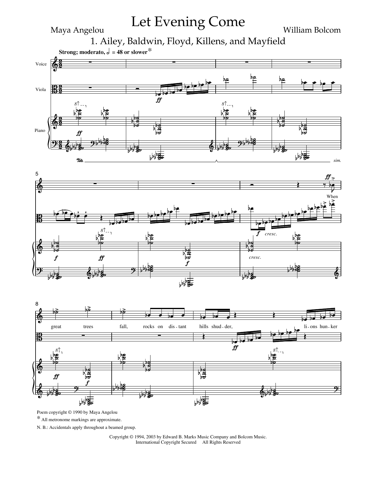 Download William Bolcom Let Evening Come (for soprano, viola and piano) Sheet Music and learn how to play Piano & Vocal PDF digital score in minutes