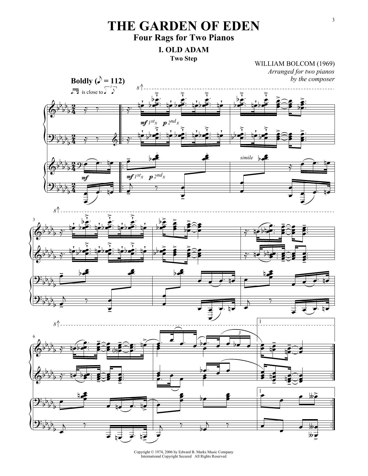 Download William Bolcom Old Adam Sheet Music and learn how to play Piano Duet PDF digital score in minutes