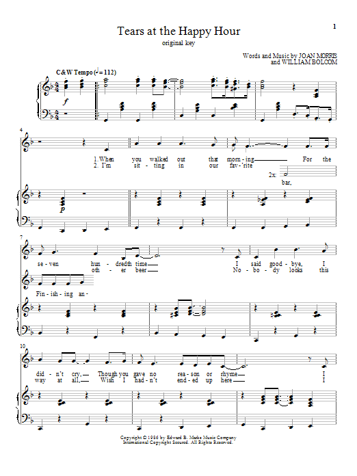 Download William Bolcom Tears At The Happy Hour Sheet Music and learn how to play Piano, Vocal & Guitar (Right-Hand Melody) PDF digital score in minutes