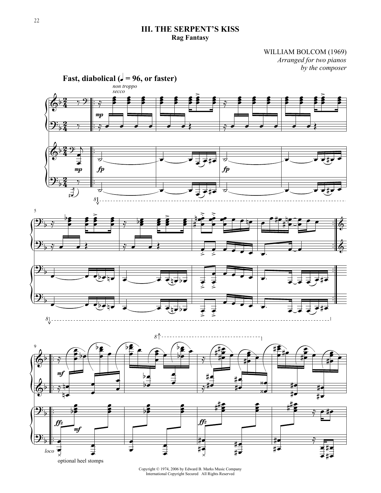 Download William Bolcom The Serpent's Kiss Sheet Music and learn how to play Piano Duet PDF digital score in minutes