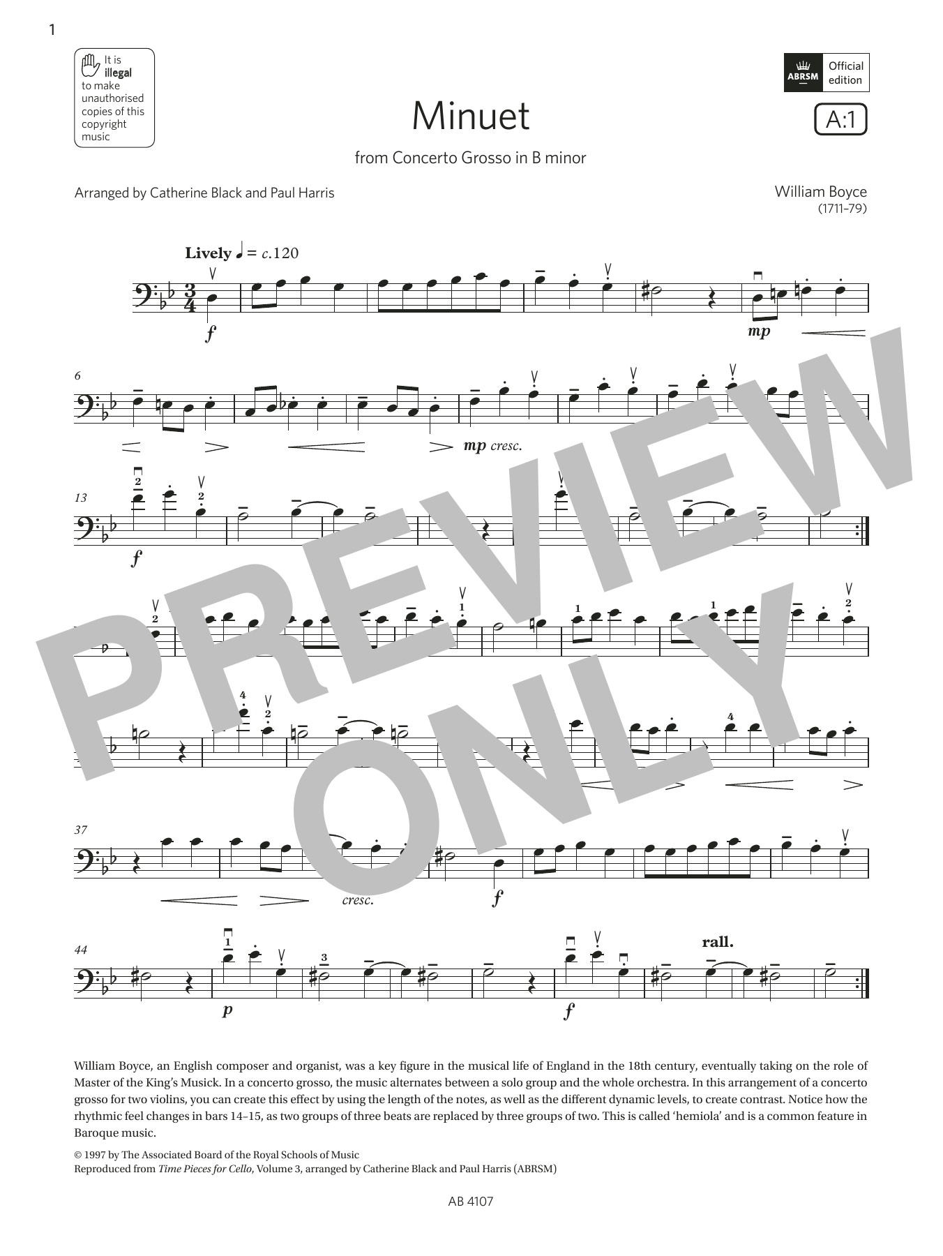 Download William Boyce Minuet (Grade 4, A1, from the ABRSM Cello Syllabus from 2024) Sheet Music and learn how to play Cello Solo PDF digital score in minutes